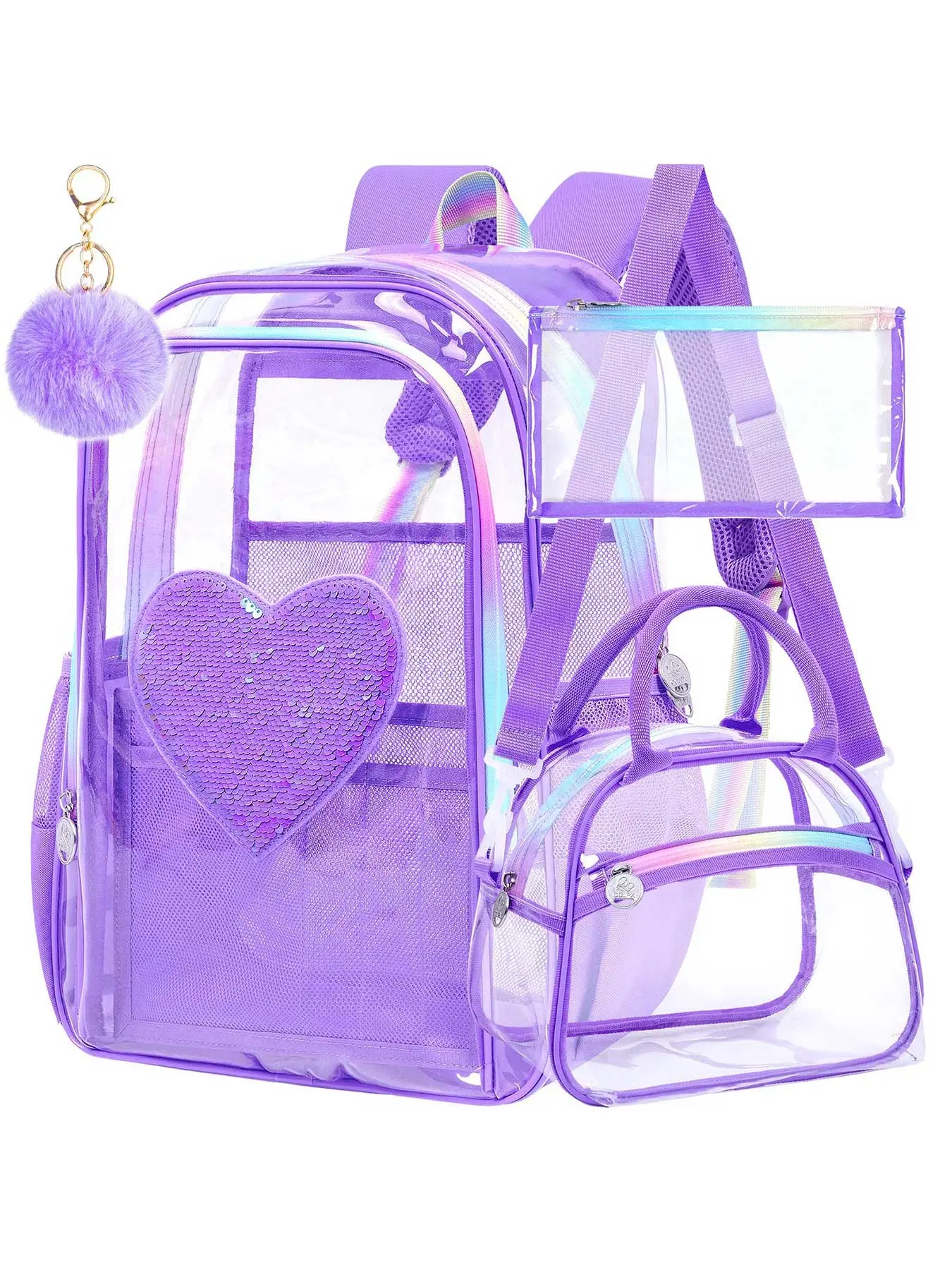 Purple Clear Backpack Set – Reversible Sequin Girls Transparent Bookbag with Rainbow Strap, Heavy Duty 17" See Through School Bag & Pouch