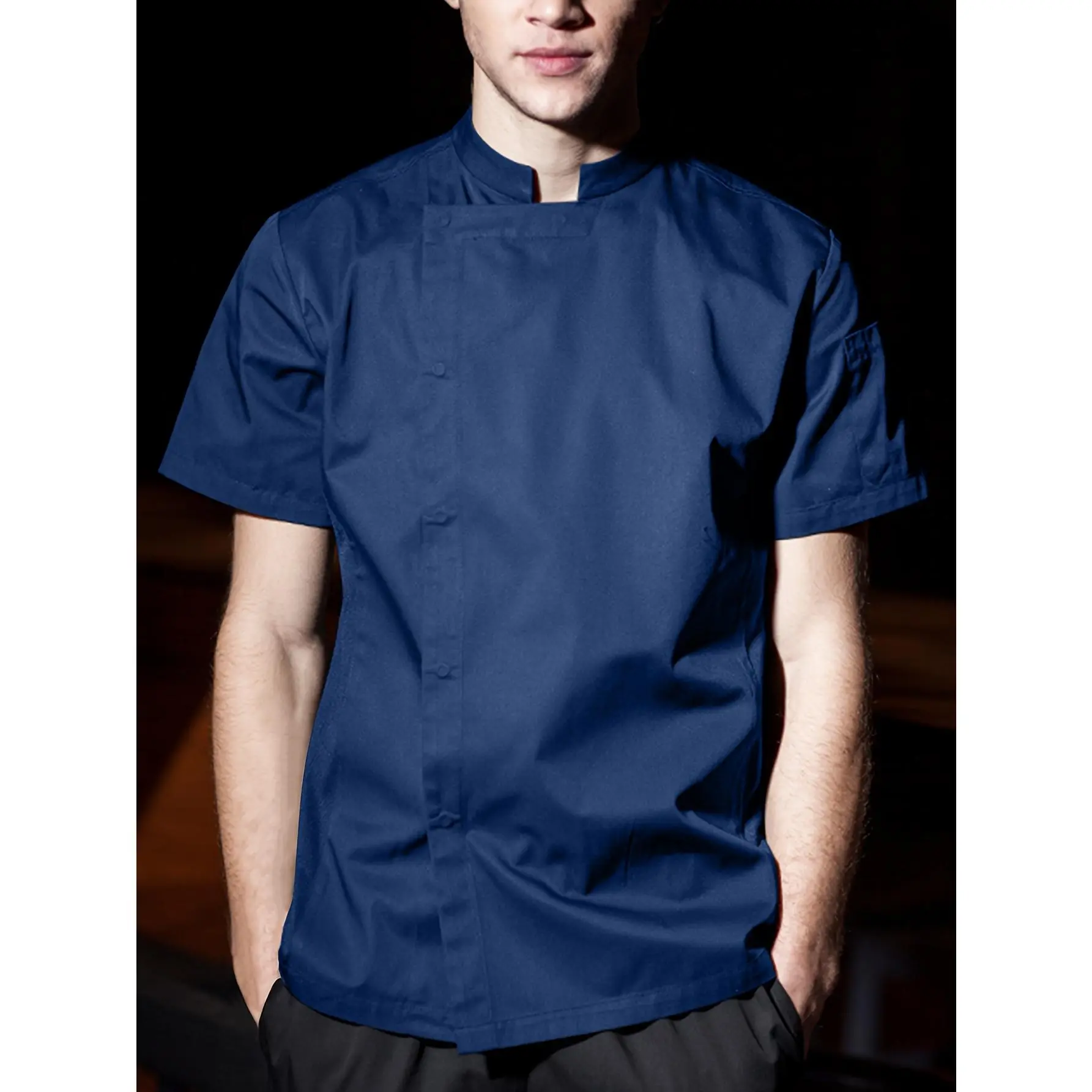 Spring Summer Men'S Solid Color Stand-Up Collar Short Sleeve Chef Uniform Hotel Restaurant Back Kitchen Cooking Outfit Lightweight Comfortable Breathable Chef Workwear