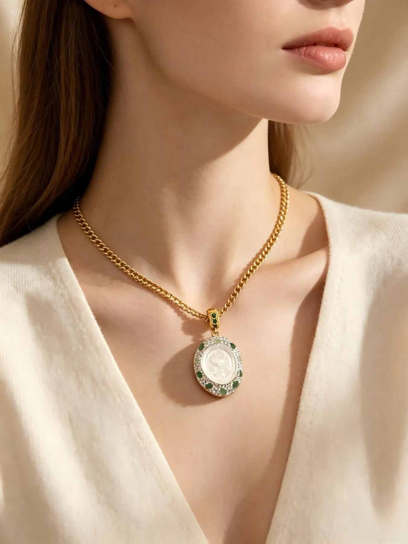 Carved Oval Clear Quartz Rose Pendant Necklace