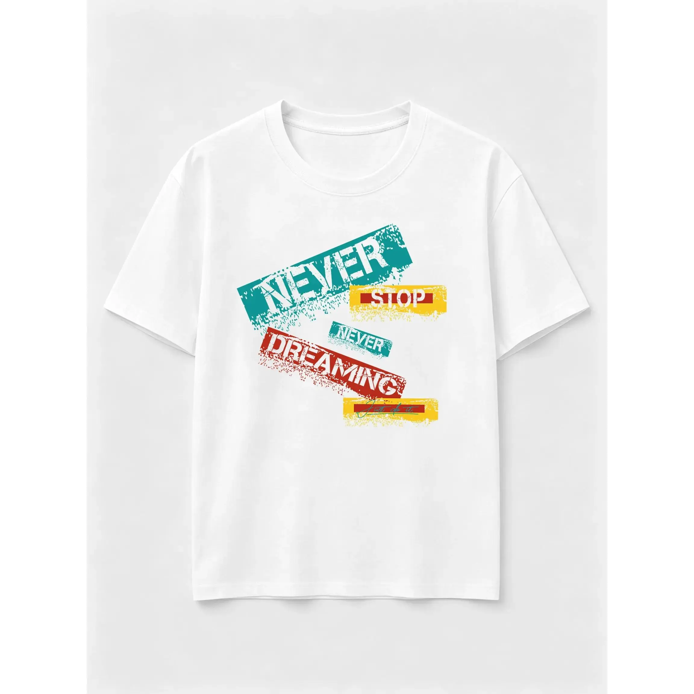 Unisex Pure Cotton Relaxed Fit Short Sleeve Crew Neck Graphic Tee - Retro Stamp Letter Inspirational Typographic Collage Print, Casual Short Sleeve Tops, Gift For Men Women, Graphic Print
