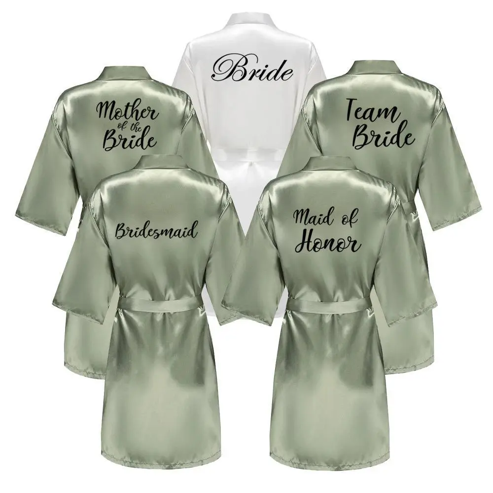 Women's Grass Green Satin Kimono Robe - Wedding Party Bridesmaid/Maid of Honor Loungewear with Black Lettering, Nightwear