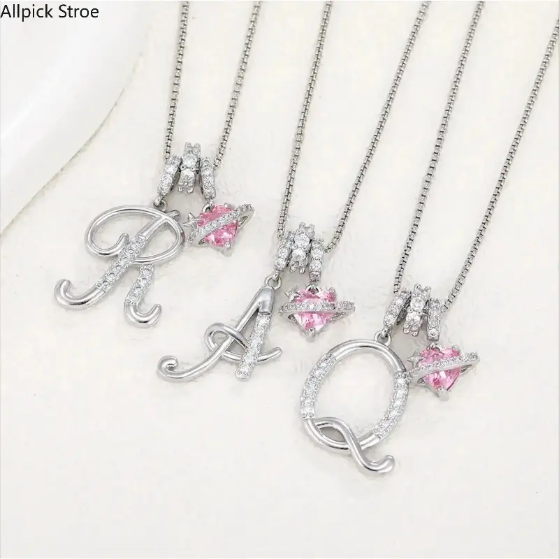 Gold Plated Pink CZ Initial Heart Letter Pendant Necklace Dainty Y2K Daily Vacation Date Streetwear Women Jewelry Gift