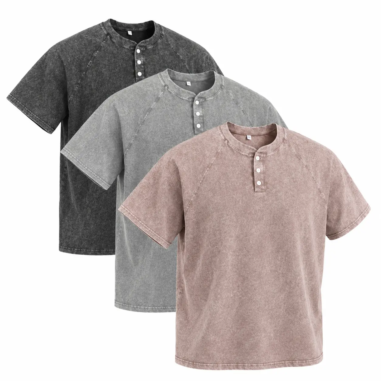 1/3 Men's Washed Henley Tee, Short Sleeve Button Placket Shirt, Loose Fit Raglan Top for Daily Wear and Street Outfits