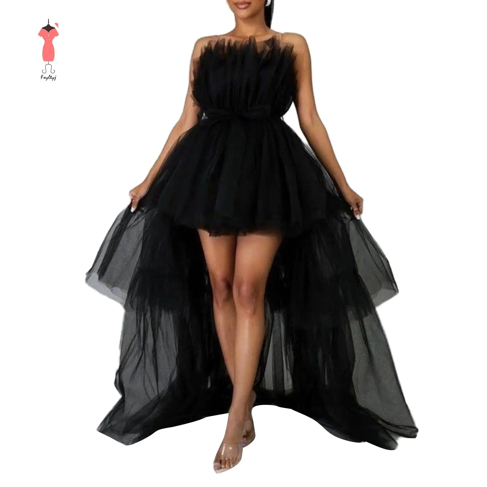 Women's Polyester Gown, Elegant Strapless Tiered High-Low Tulle with Sleeveless Cut for Going Out, Prom & Cocktail Parties, Gowns, Women's Dresses, Lady, Party Fit