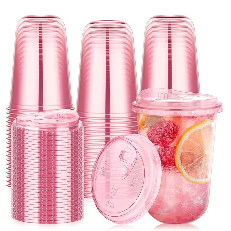 50 Sets 16oz Plastic Cups with Lids & Straws, Clear Disposable Iced Coffee Cups – Round Bottom, Leak-Proof Lids, Ideal for Parties, Events & Takeout
