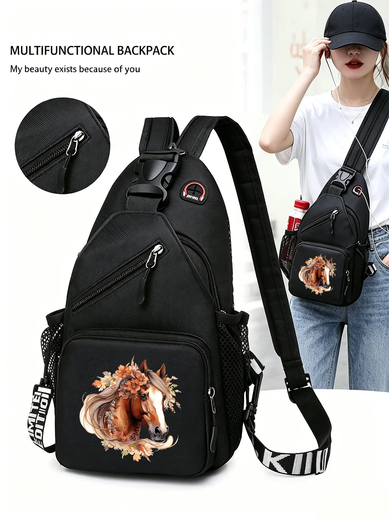 Flower Horse Patterned Convertible Crossbody Bag/backpack, Multi-functional Chest Bag with Convertible Zippered Shoulder Strap, Multiple Pockets, Suitable for Travel, Sports, and Daily Commuting