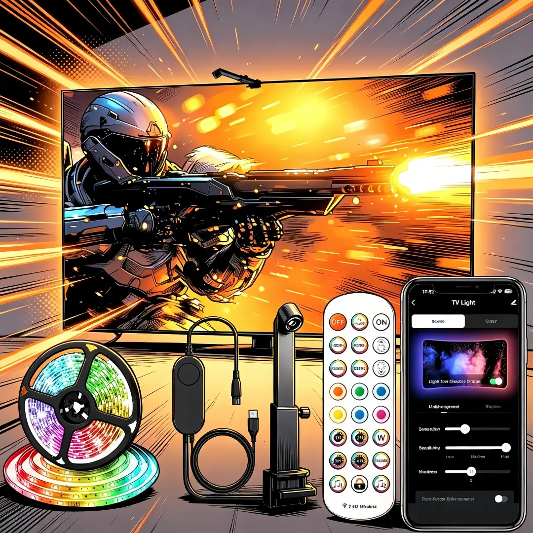 TV Background Light Kit with Camera Sync, RGB LED Strip, Music Mode, APP Control, 2.4g Remote, for 32-75 Inch Tvs, TV Led Lights