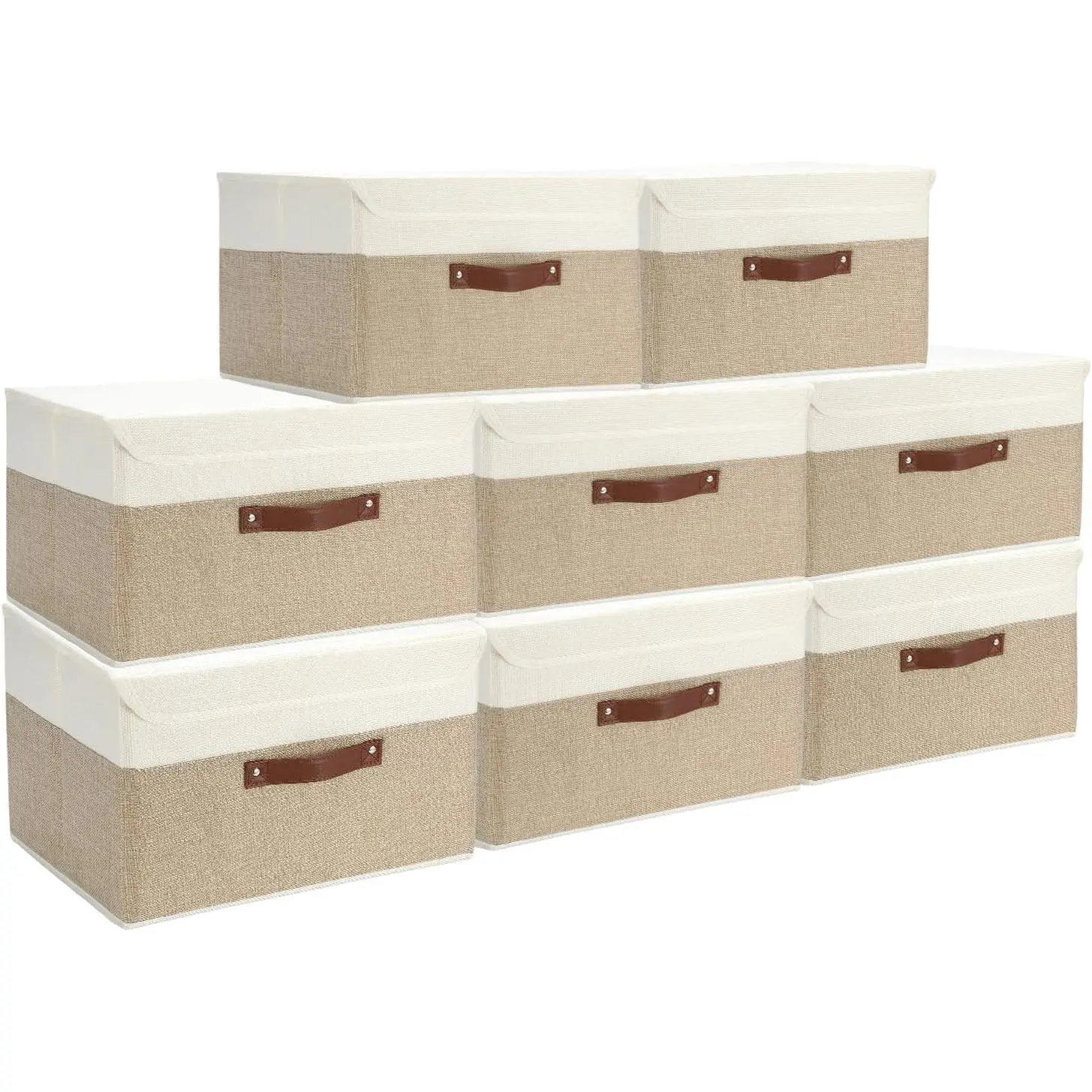 8 Pack Decorative Storage Bins Containers Fabric Bins with Lids Storage Baskets Bulk for Shelves Drawers, Desktop, Closet, Playroom, Classroom, Office, Bedroom, (15INx10INx10IN, Beige/White)