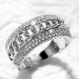 Hip Hop Micro Pave Zircon Cuban Link Ring, Trendy Luxury Unique Finger Jewelry