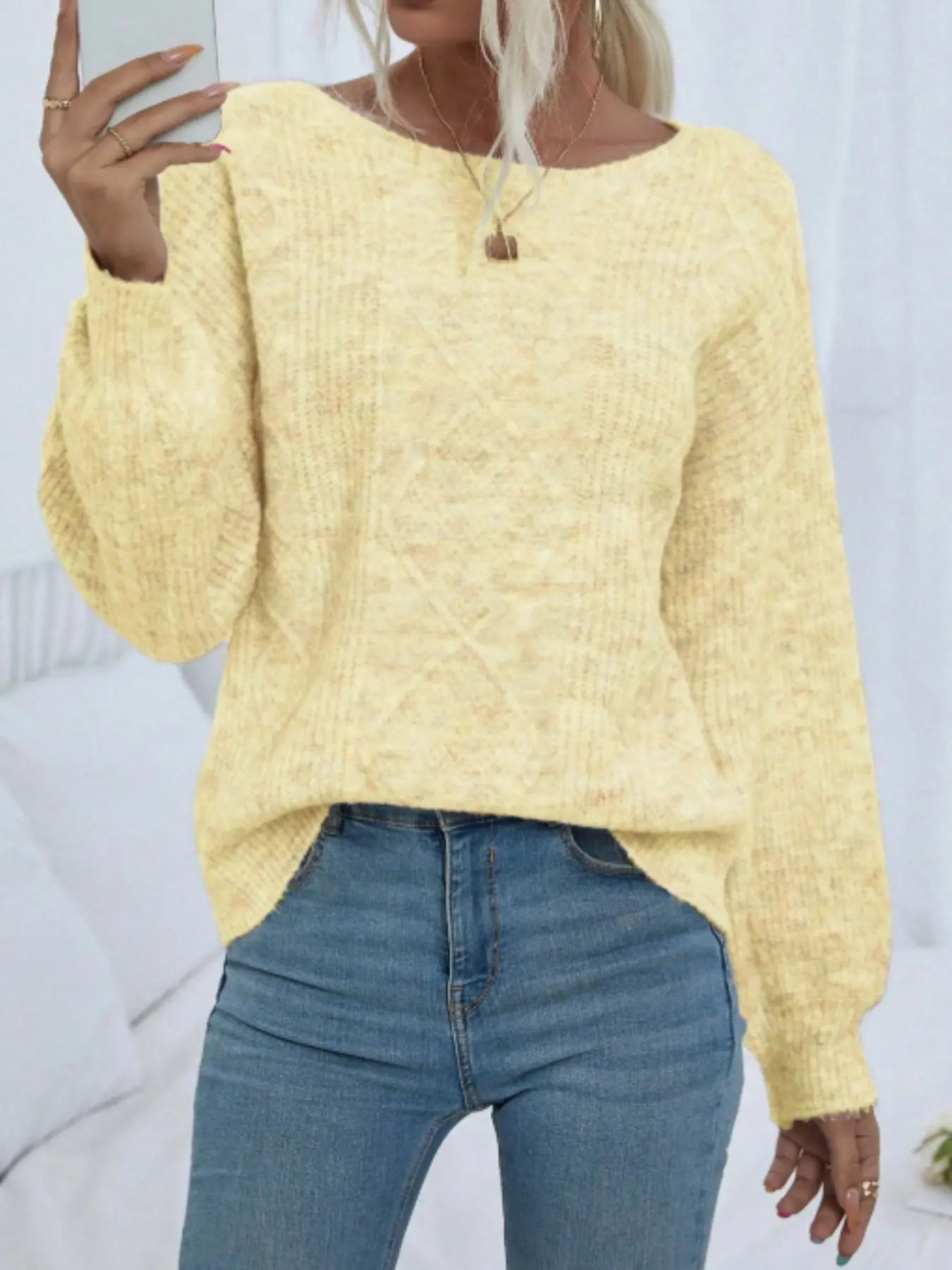 French Lazy Style Casual Basic Knitwear Big Round Neck Knit Sweater for Women, Thickened Fall Winter Slim Fit Cable Long Sleeve Pullover Top