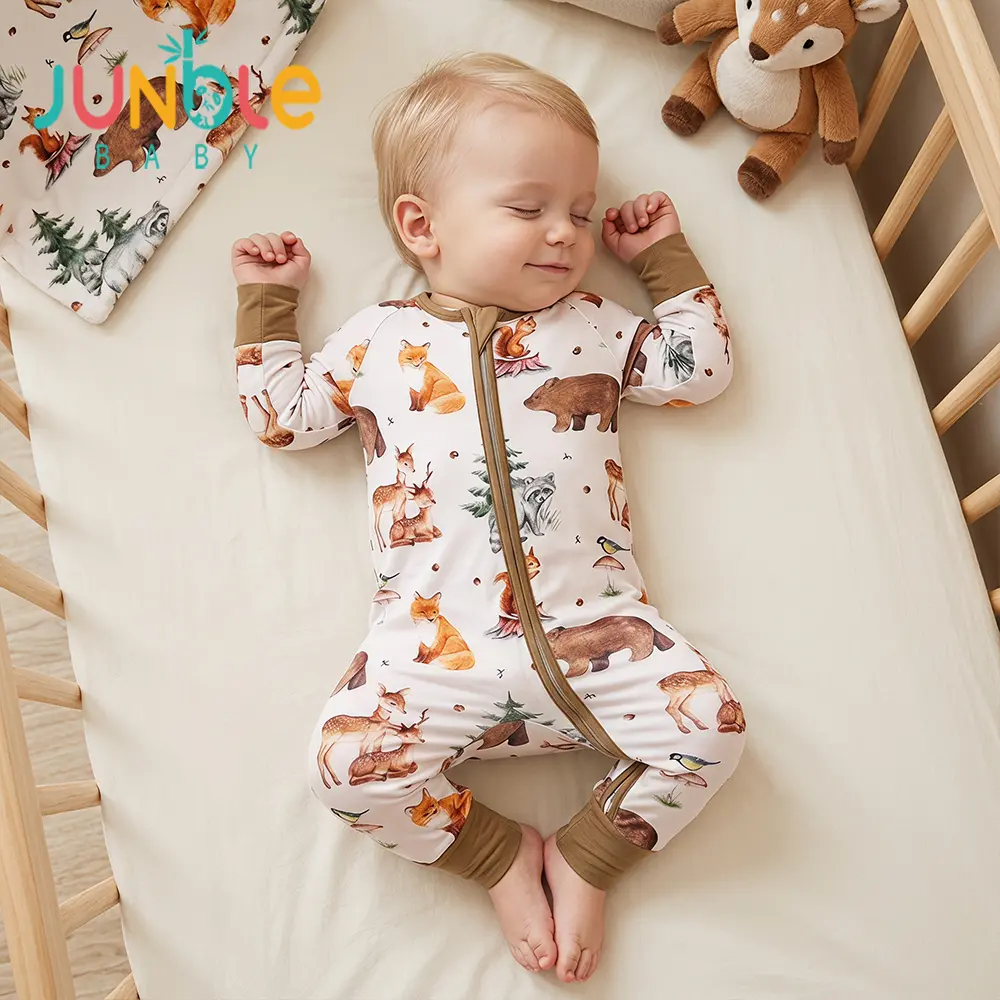 Junblebaby Forest animals-Fox, bear, muntjac, panda Print Baby Romper, baby bamboo zipper romper, affordable baby clothes,boy's Bamboo Fiber Long Sleeve 2-Way Zipper Footed, Trendy Street Style Sleep Play Pajamas for Baby Boys Girls 0-3T Tmitten cuff foot