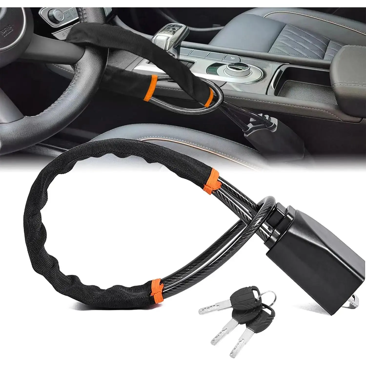 Automotive Adjustable Steering Wheel Anti-Theft Lock - Car Accessories with Lock, 17" Max Length, Small Lightweight Multi-Functional, Fits Most Vehicles, SUVs, Golf Carts (Black)