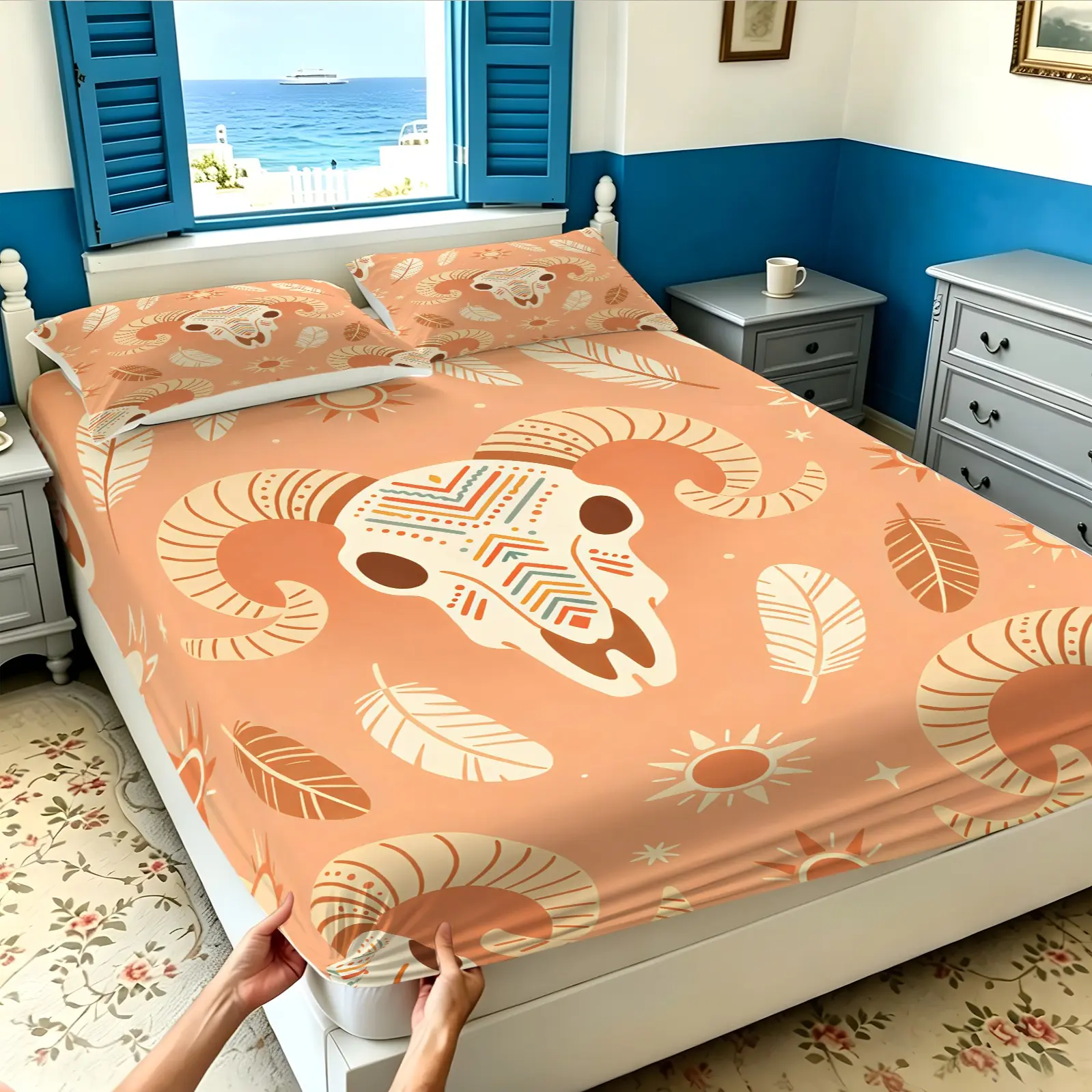 3PCS Bohemian Ram Skull Fitted Sheet Set, Soft Fiber Fabric, Elastic Edges for Secure Mattress Wrap, Machine Washable, All-Season Use, Decor for Bedroom & Dorm, Perfect Gift