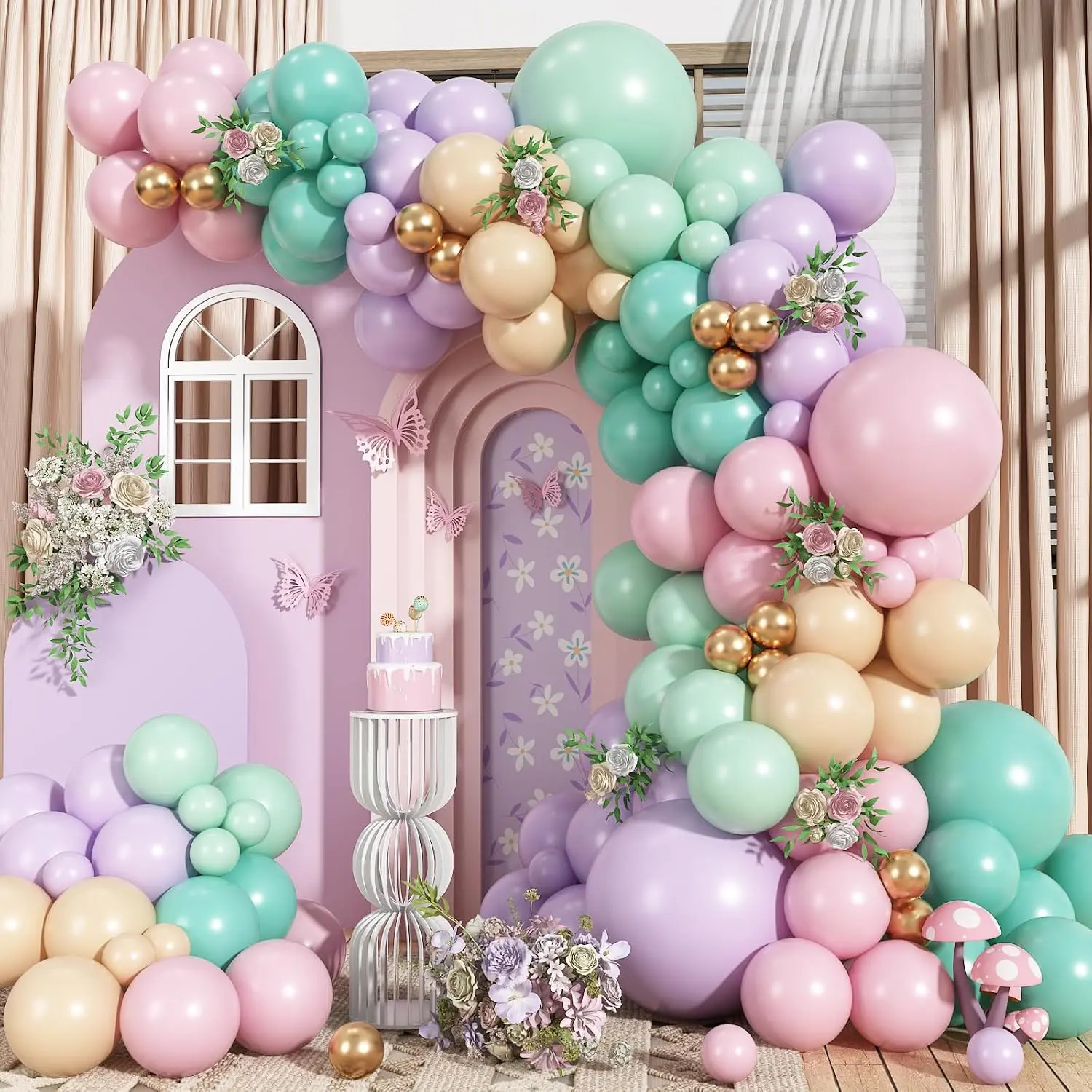 Pastel Green  and  Balloon Arch Garland Kit,164Pcs  party decorations for Girls Fairy Birthday Bridal  Shower Spring Garden  Party decor with Teal Nude Metallic  Latex Balloons