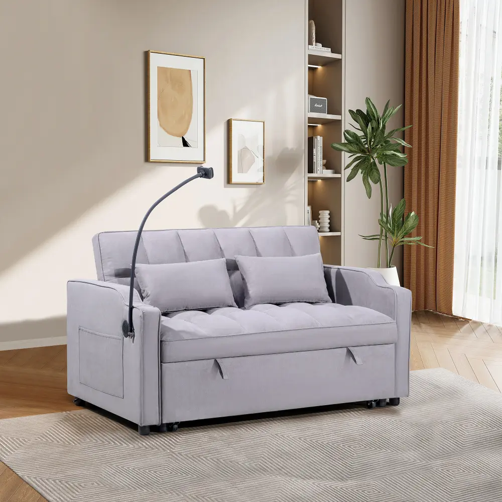 Littleox 1 multifunctional foldable sofa bed with 3 different lengths, modern sofa, upgraded suede fabric, adjustable backrest, gray color with USB port and rotating telephone stand
