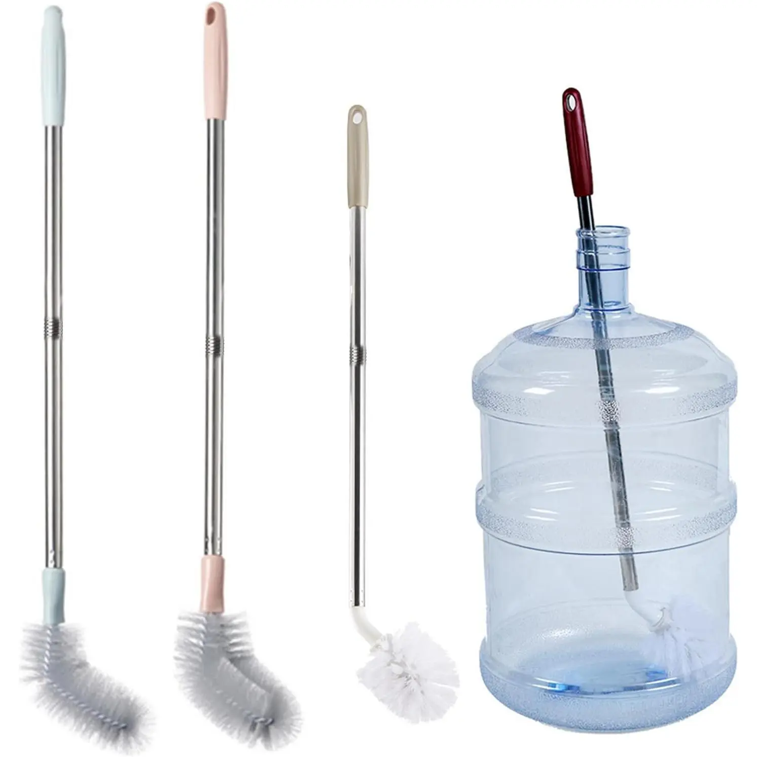 4 Pcs Water Bottle Brushes for Cleaning, 28.7'' and 25.5'' Stainless Steel Long Handle Brush for Cleaning 1 to 5 Gallon Buckets, Bendable Replaceable Head