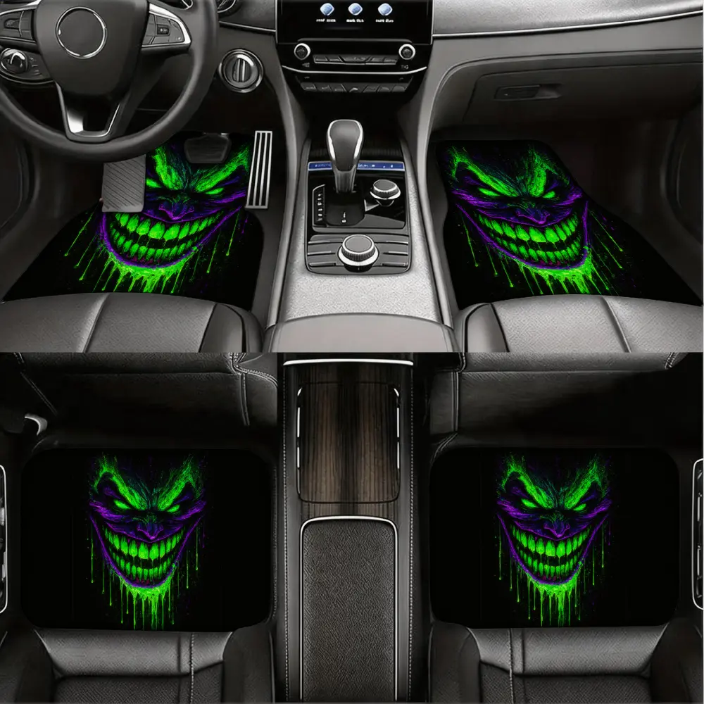 Gothic Horror, Car Floor Mats, Glowing Green And Purple Joker Face Design, Non-Slip Rubber Backing With Durable Fabric Surface, For Batman Fans And Custom Car Interior Enthusiasts, 4-Piece Set Front And Rear, Auto Interior Accessories, Automotive Mats