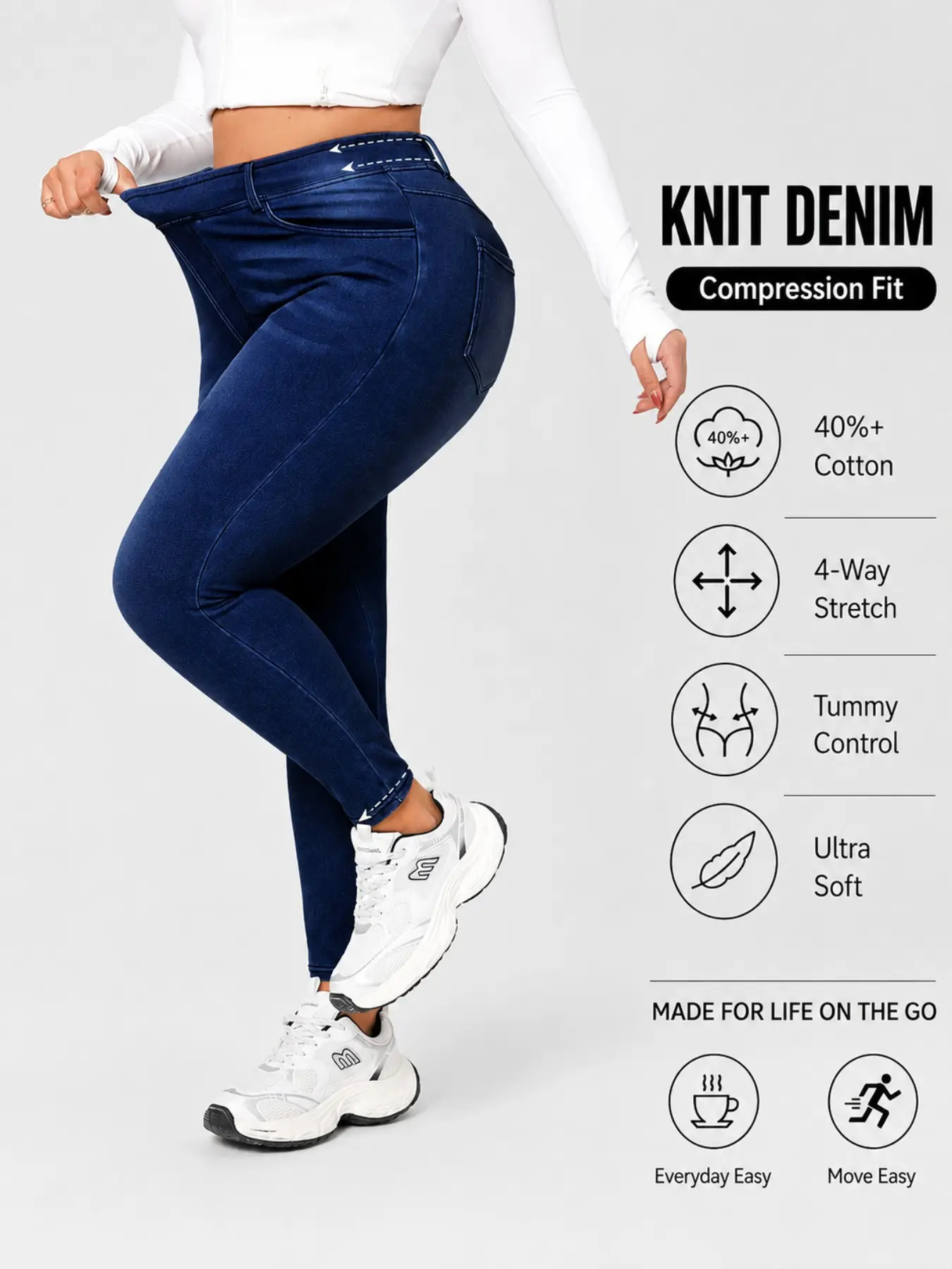 Plus Size Women High Waist Belly Control Butt Lifting Four Way Stretch Knit Denim Skinny Pants, Elastic Waist Jeans, Versatile Casual Slim Fit Sporty Jeans, Casual Design Jeans