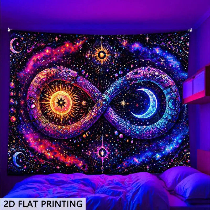 Extra-Large Custom Print 2D Flat Blacklight Glow Tapestry - Cosmic Ouroboros Sun Moon Infinity Wall Hanging, UV Reactive Psychedelic Boho Cotton Home Decor Banner, Spooky Skeleton Fan Gift, Party Decor for Bedrooms