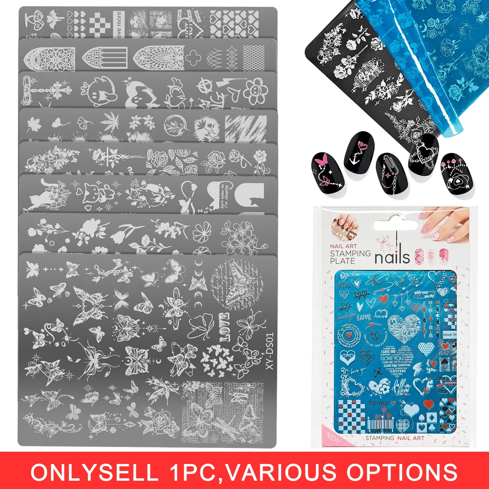 1PC Stainless Steel Nail Art Stamping Plates Kit, Nail Art Supplies, Mixed Patterns Butterfly Nails, Flower, Castle, Heart, French Tip, Geometric, Animal, Moon Chain Print Templates, Reusable Manicure Transfer Stencils for Salon & Home DIY Nail Decoration