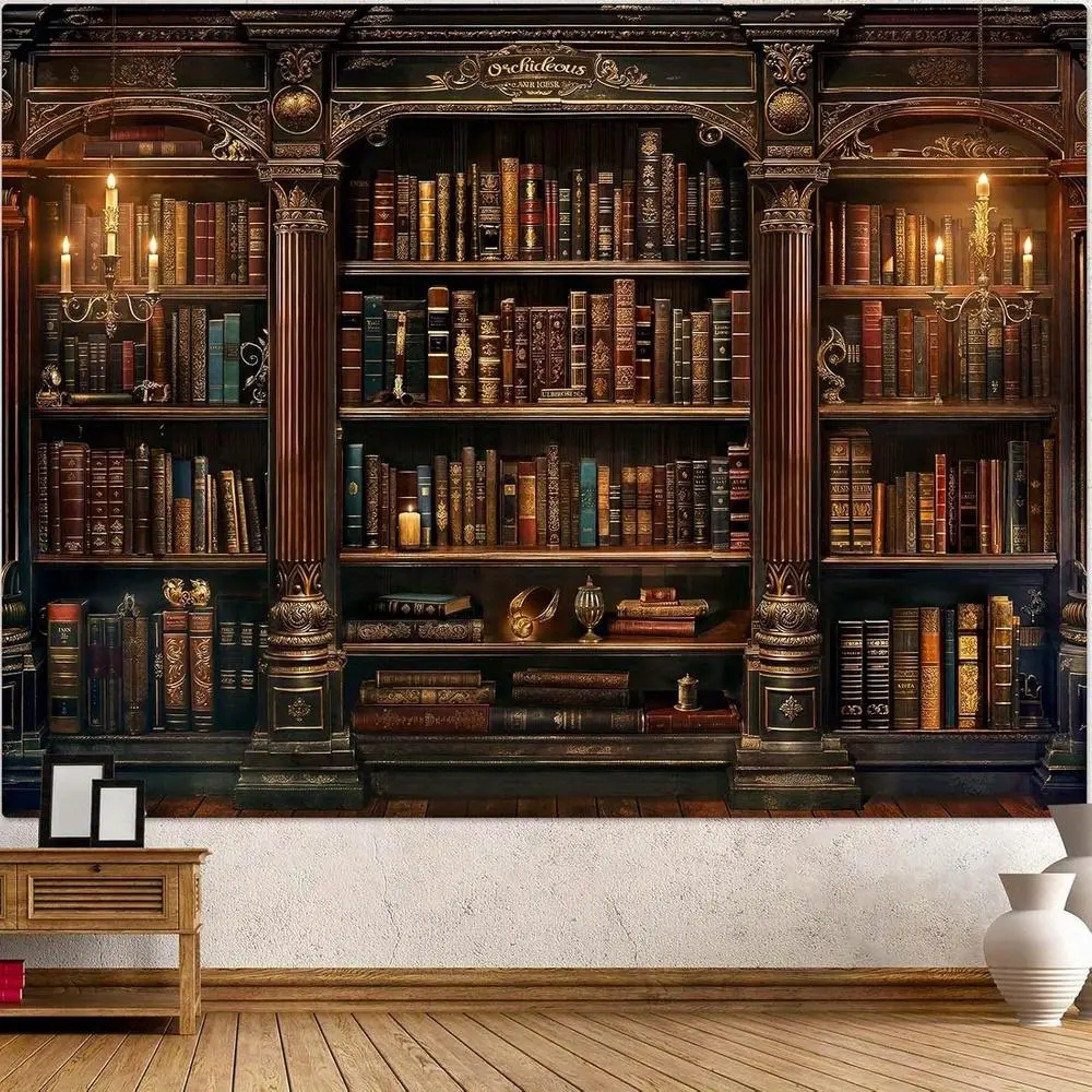 Accnicc Vintage Bookshelf Tapestry - Gothic Dark Academia Retro Library Wall Hanging, Medieval Art Book Design, Polyester Peach Skin Fabric, Ideal for Bedroom, Living Room, Dorm Decor