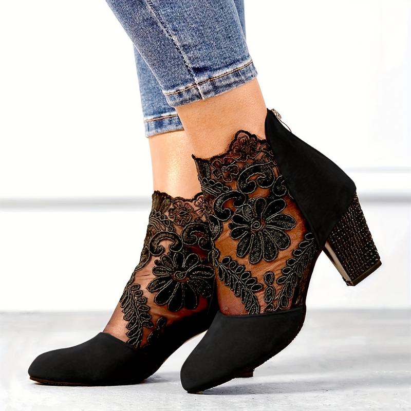 Elegant Black Lace Ankle Boots with Floral Patterns - Comfortable Chunky Heel, Back Zip Closure, Round Toe Design, Breathable Fabric Upper & TPR Sole for Stylish Women Girl Footwear Walking Shoes Decor