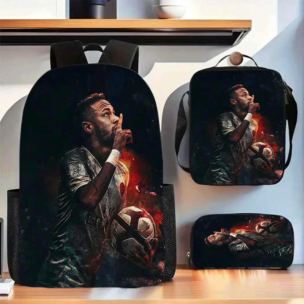 Durable Water Resistant 3-Piece Backpack Set, Backpack + Insulated Lunch Bag + Pencil Case, Neymar Dramatic Flame Background Portrait Print, Breathable Padded Straps