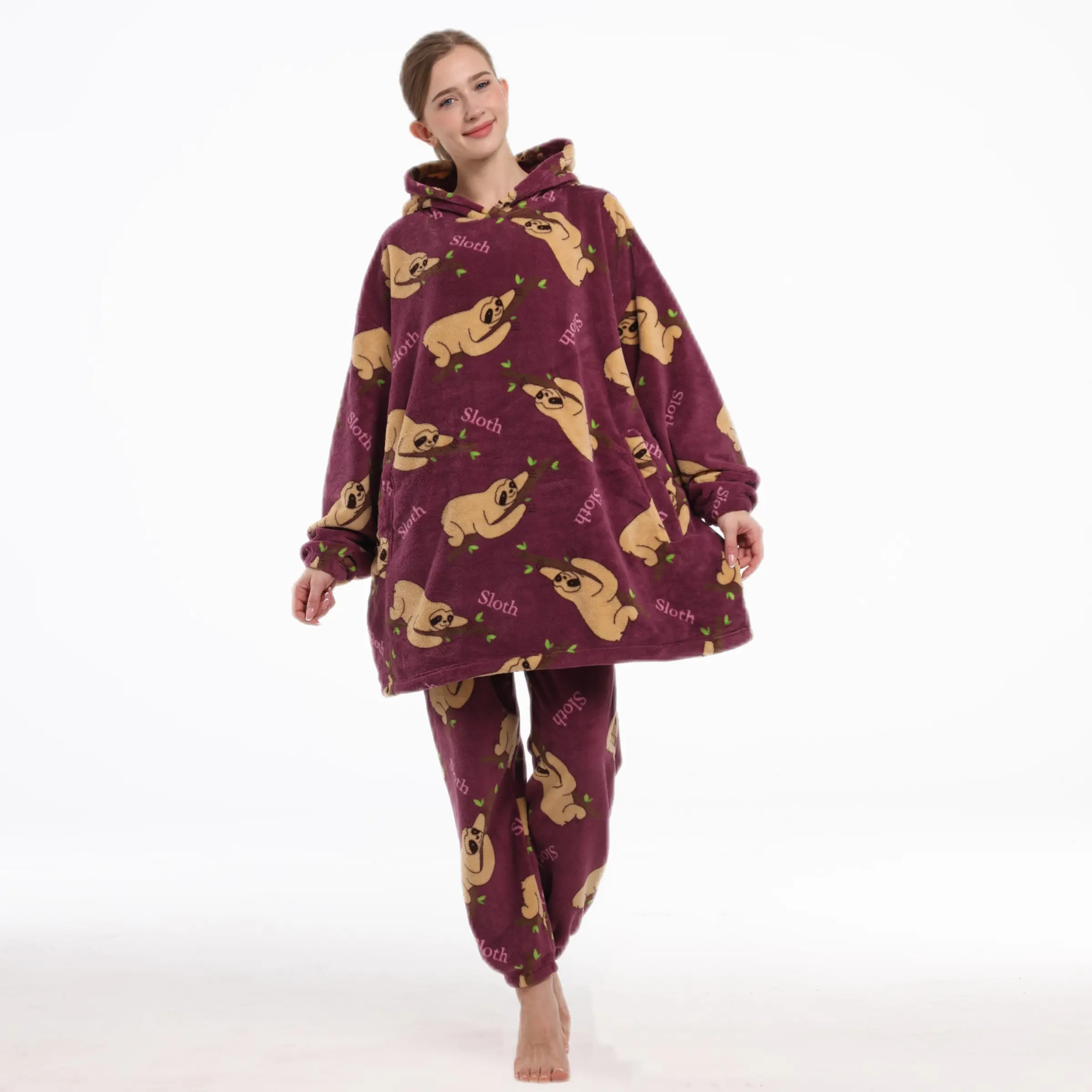 Coral Fleece Sloth Print Wearable Blanket Set, Unisex, Hooded with Pockets, Cozy Loungewear, Perfect for Fall Winter, Ideal Gift