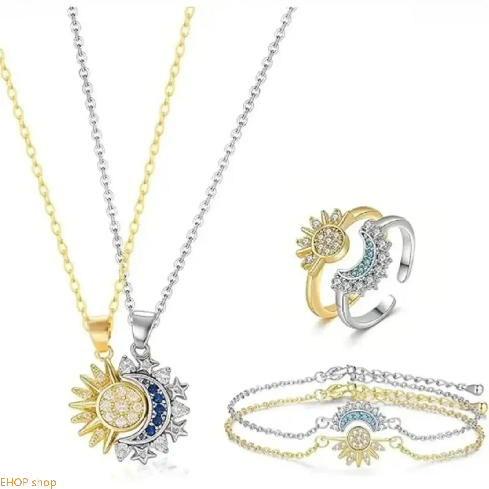 Sun Moon Magnetic Matching 3-Piece Jewelry Set Adjustable Necklace Bracelet Ring Combo Trendy Matching Ornament Elegant Daily Wear Accessory Romantic Present For Pair Matching Daily Dating Outfit Decor