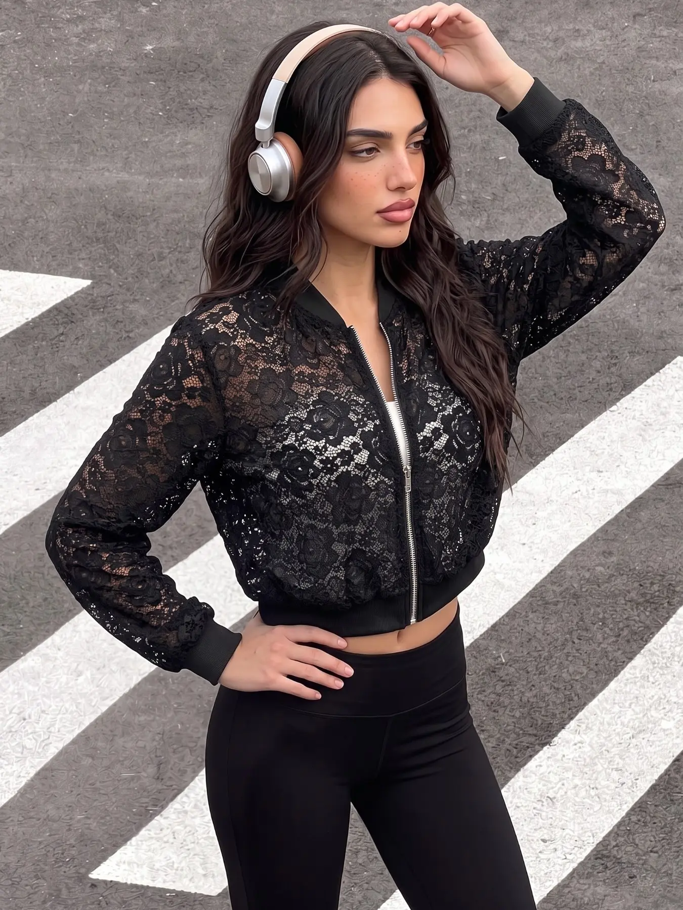 1pc Full Floral Lace Cropped Casual Bomber Jacket, Zip Stand Collar Sheer Baseball Coat, Y2K Street Outerwear for Daily Dating Club Concert