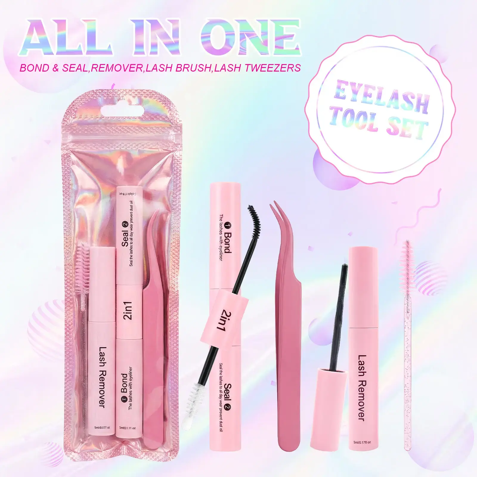 4-in-1 DIY Lash Bond and Seal Kit for Beginners, Makeup Tool Set with Waterproof Cluster Lash Glue (72h Hold), Remover, Tweezers, Portable Eyelash Brush, Lash Clusters