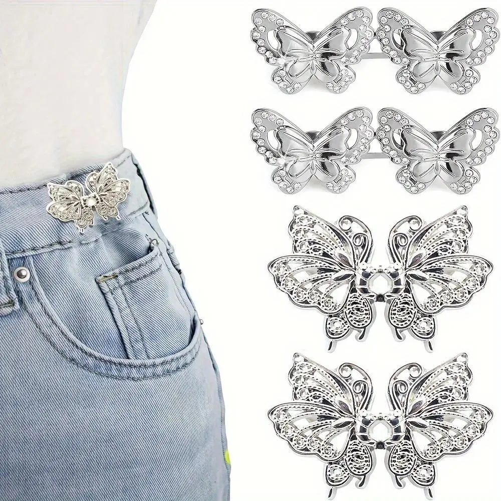 4 Pairs Jean Waist Tightener Clips, Adjustable No-Sew Waist Buttons for Loose Jeans & Pants, Tool-Free Instant Waist Reducer, Reusable Snap Fasteners with Butterfly Pin Buckles for Everyday Wear