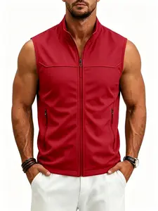 Men's Stand Collar Zipper Vest, Plain Fitted Vest, Lightweight Breathable Soft Shell, Sleeveless Outerwear, Business Casual, Multi-Pocket Design, All-Season