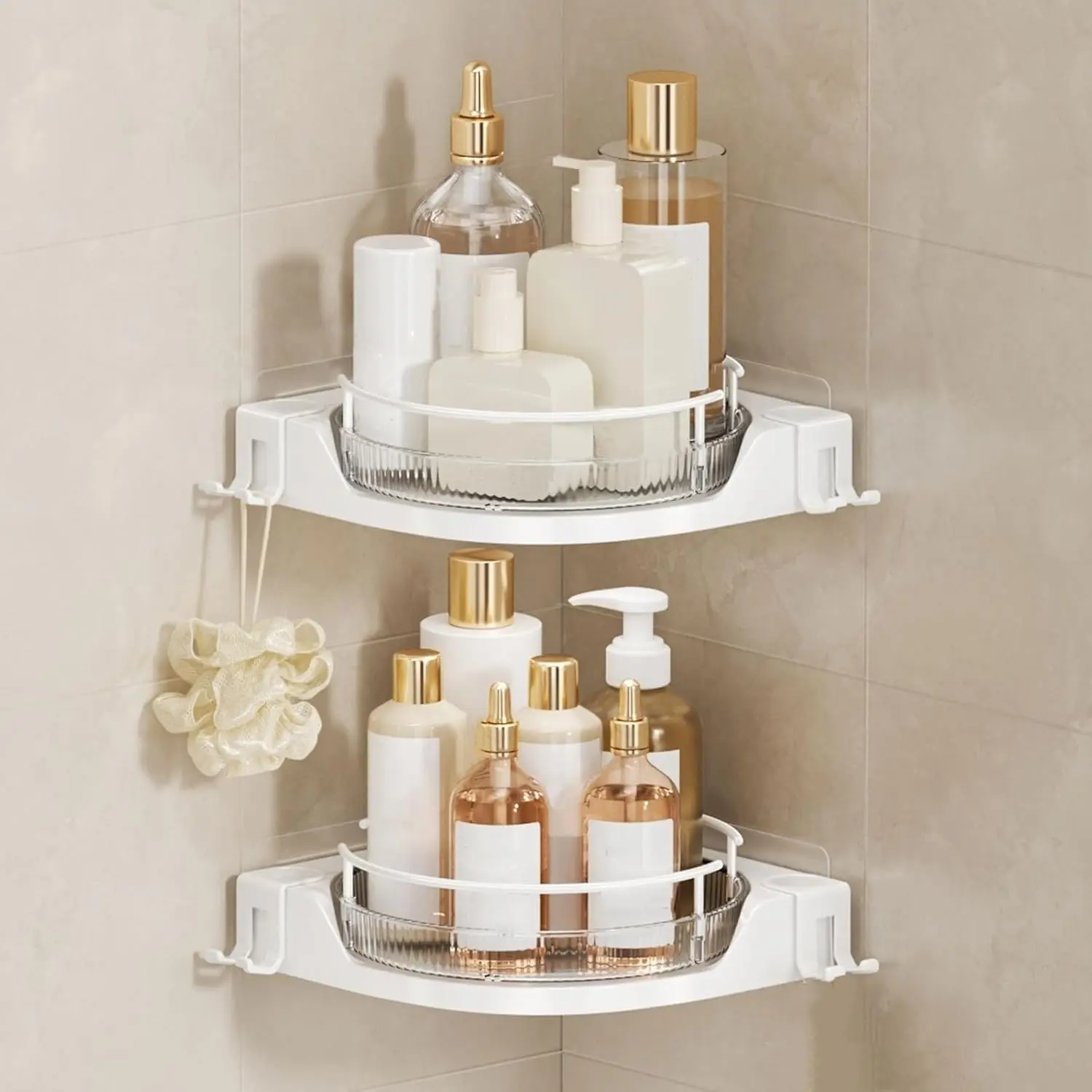 360°Rotating Corner Shower Caddy(2-Pack), No-Drill Adhesive Shower Shelf Organizer with Hooks, Lazy Susan Bathroom Storage for Bathtub, Shower Corner & Kitchen Sink, Space Saving Bathroom Organizer