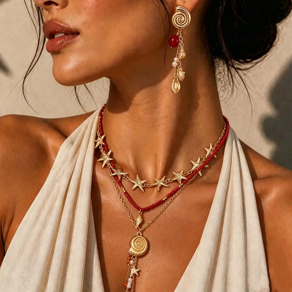 Women's 2-Piece Mermaidcore Gold Starfish Shell Beaded Statement Jewelry Set - Wildlife Theme Layered Necklace & Earring, Back to School, Coastal Cowgirl Vacation Accessory, Wildlife Theme Jewelry Sets, Alloy, Casual, Beach, Female, Layered Design, Gold A