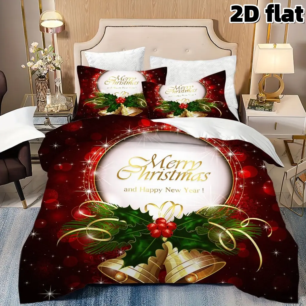 2D Flat 3Pcs Christmas Bells Duvet Cover Red Holiday Bedding with Gold Merry Christmas Print Holly Berries Decorative Quilt Cover with Matching Pillowcases for Winter Bedroom Festival Home Decoration Christmas Gift Bedding