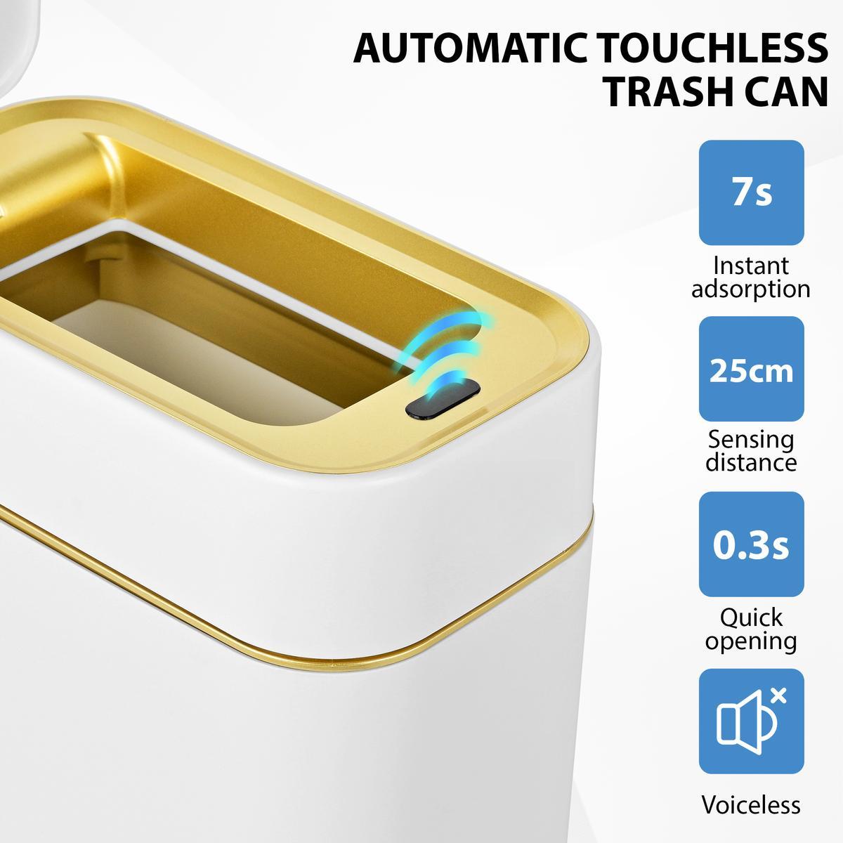 Auto-Sensor Trash Bin - Wave & Knee Induction Quick Voiceless Open Removable Liner Battery-Powered Motion Sensor Touchless Waterproof Durable Multipurpose Reusable Automatic Plastic White Gold