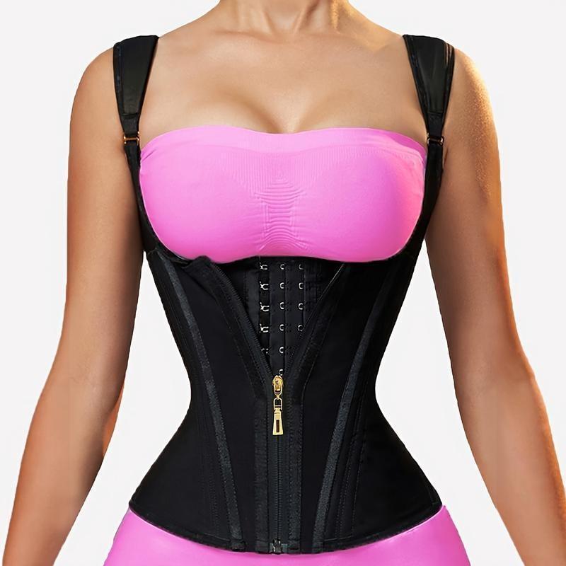 Landa Waist Trainer Corset for Women |     Adjustable shoulder straps and steel frame support |     Double Compression Shaper with Zipper Closure |     Fashionable black, smooth latex fabric |     Vest for Control of Abdomen, Can Enhance Posture and Wai