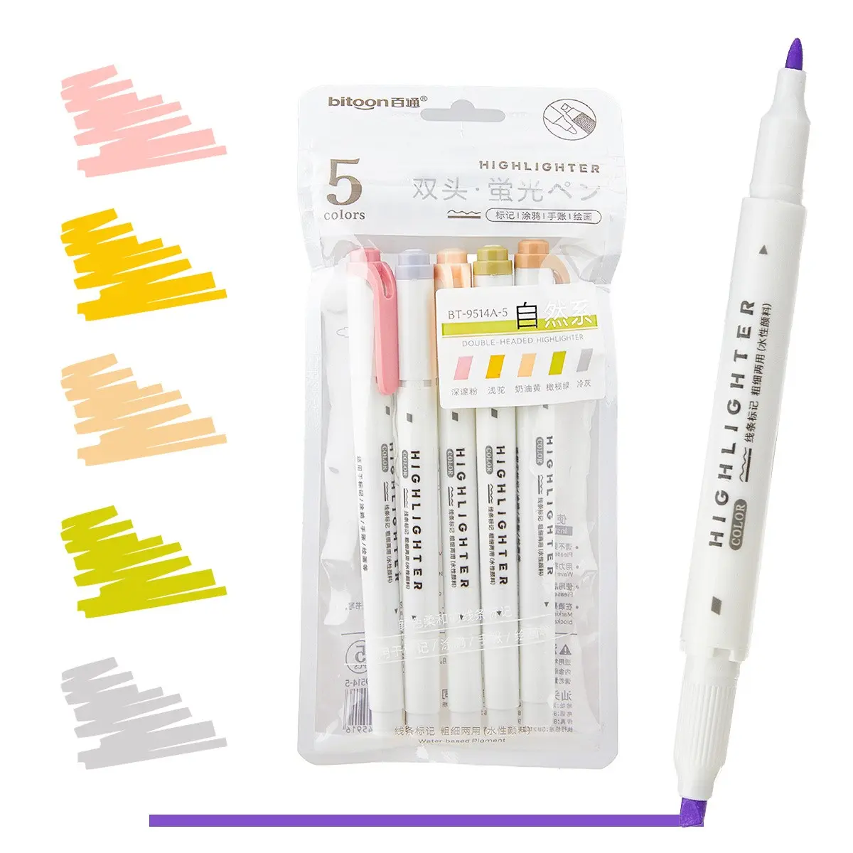 5pcs Dual-Ended Fluorescent Pens, Ideal for Highlighting Notes, Exam Review, Diary, Art, Office Use, Perfect for Back-To-School Gifts