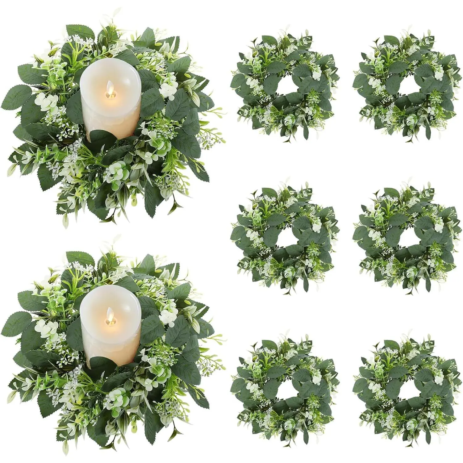 8 Pack Eucalyptus Candle Rings, Artificial Greenery Candle Wreath, Floral Candle Rings for Pillar Candles, Table Centerpieces for Party Event, 9.84 Inch Small Greenery Rings for Wedding,