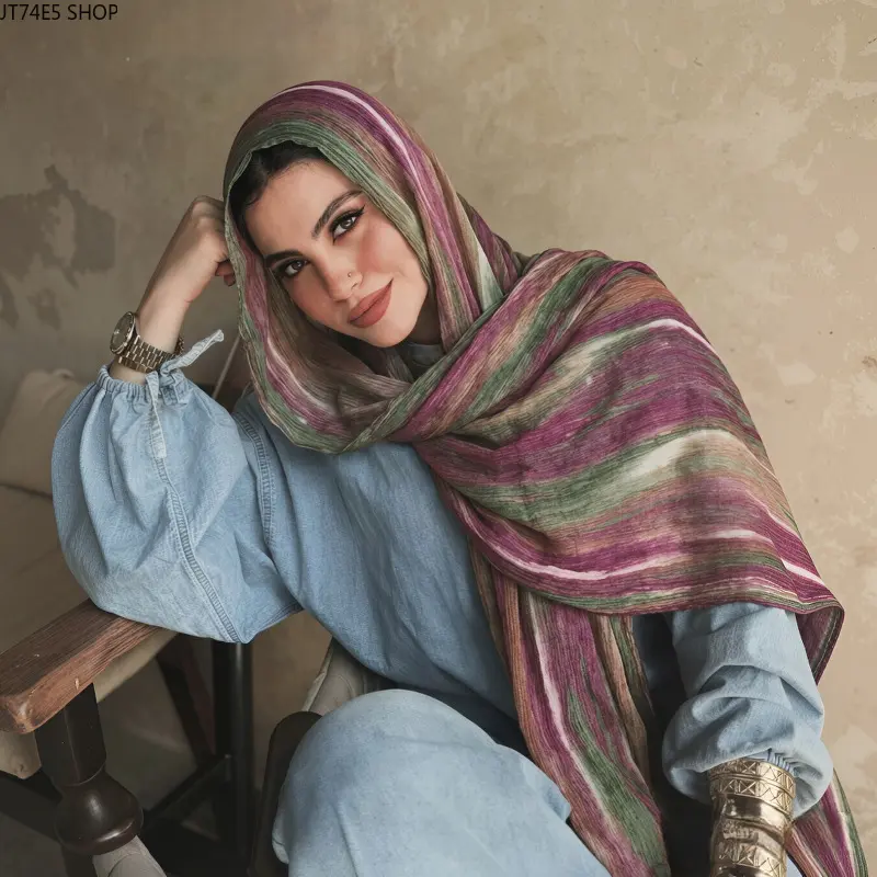 Women's Pleated Long Scarf in Ethnic Rainbow Tie-Dye Cotton, Lightweight Long Size Shawl for Travel and Vacation