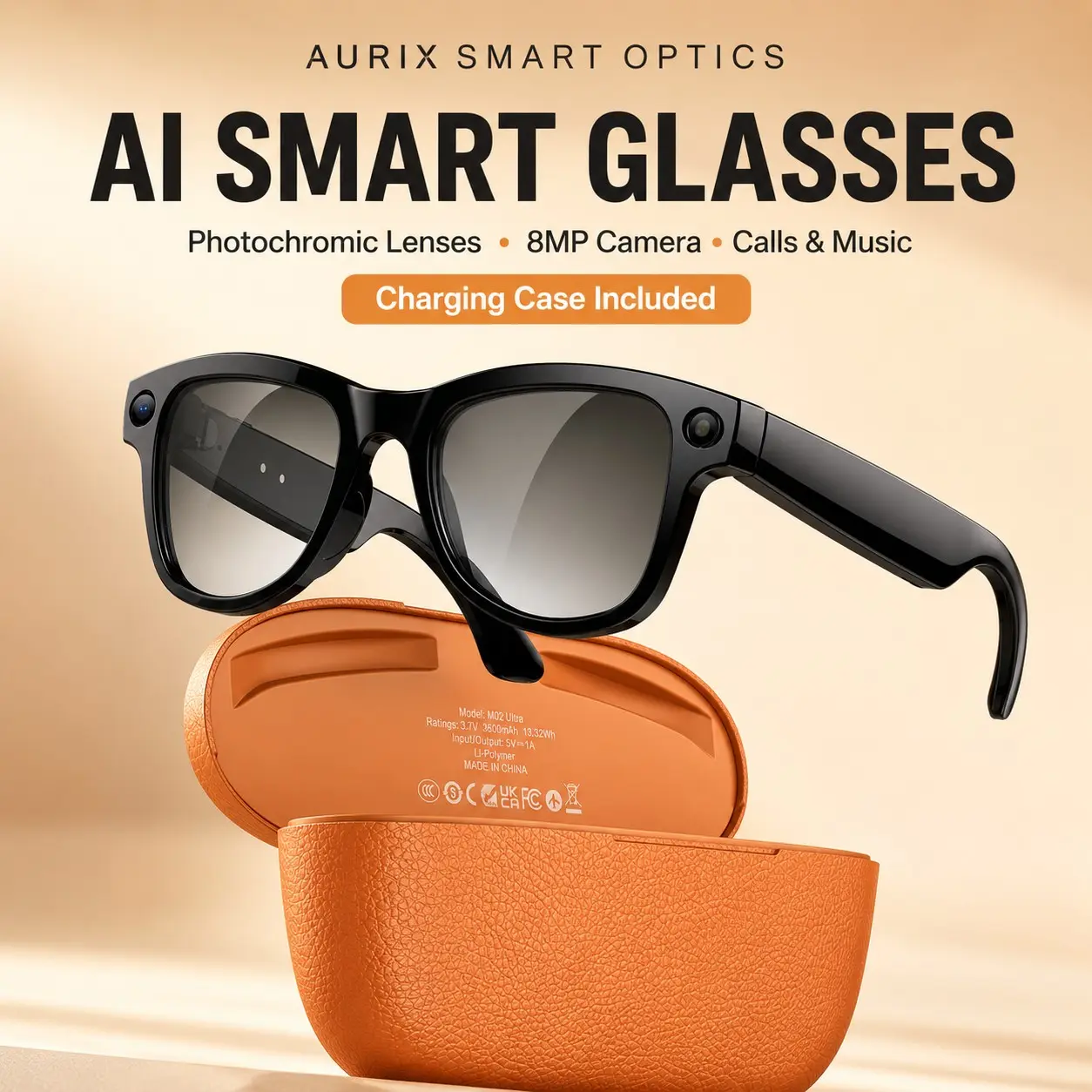 M02 Ultra AI Camera Glasses 8MP HD Wearable Smart Glasses with BT5.3 Calls, Real-Time Translation, Photochromic Lenses and Interchangeable Lens Design,Equipped with a 3600mAh portable charging case