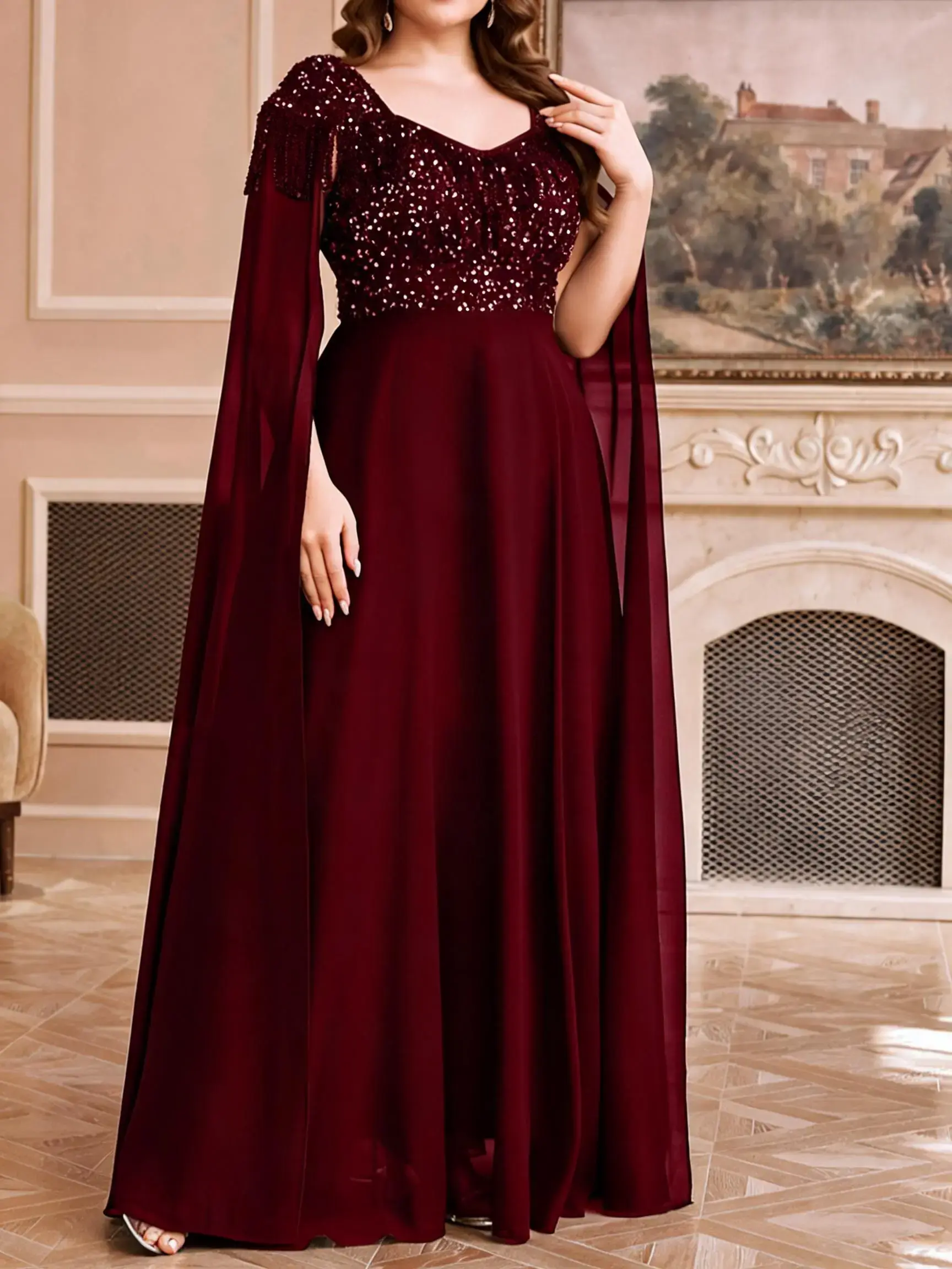 Diamond Collar Light Luxury Heavy Embroidery Fringe Beaded Sequin Chiffon Spliced Fitted Long Skirt Dress, Formal Wear, Elegant Formal Evening Gown for Special Occasions