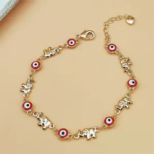 Boho Elephant Charm Bracelet for Women, Gold Tone Vintage Jewelry with Red Eye Pendant, Adjustable Layering Chain for Festivals, Charm Bracelets