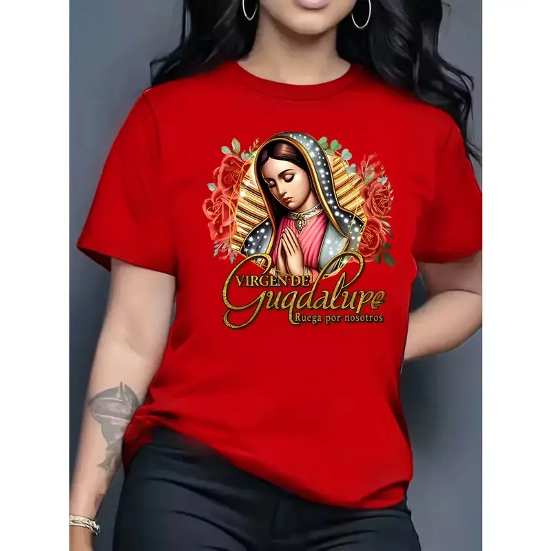 Women's Short Sleeve T-Shirt   Vibrant Red Virgen De Guadalupe Graphic Tee 10  Available Stylish able Casual Daily Wear Religious Festival Outfit Trendy Top for Ladies Womenswear Medium boho t shirts for women