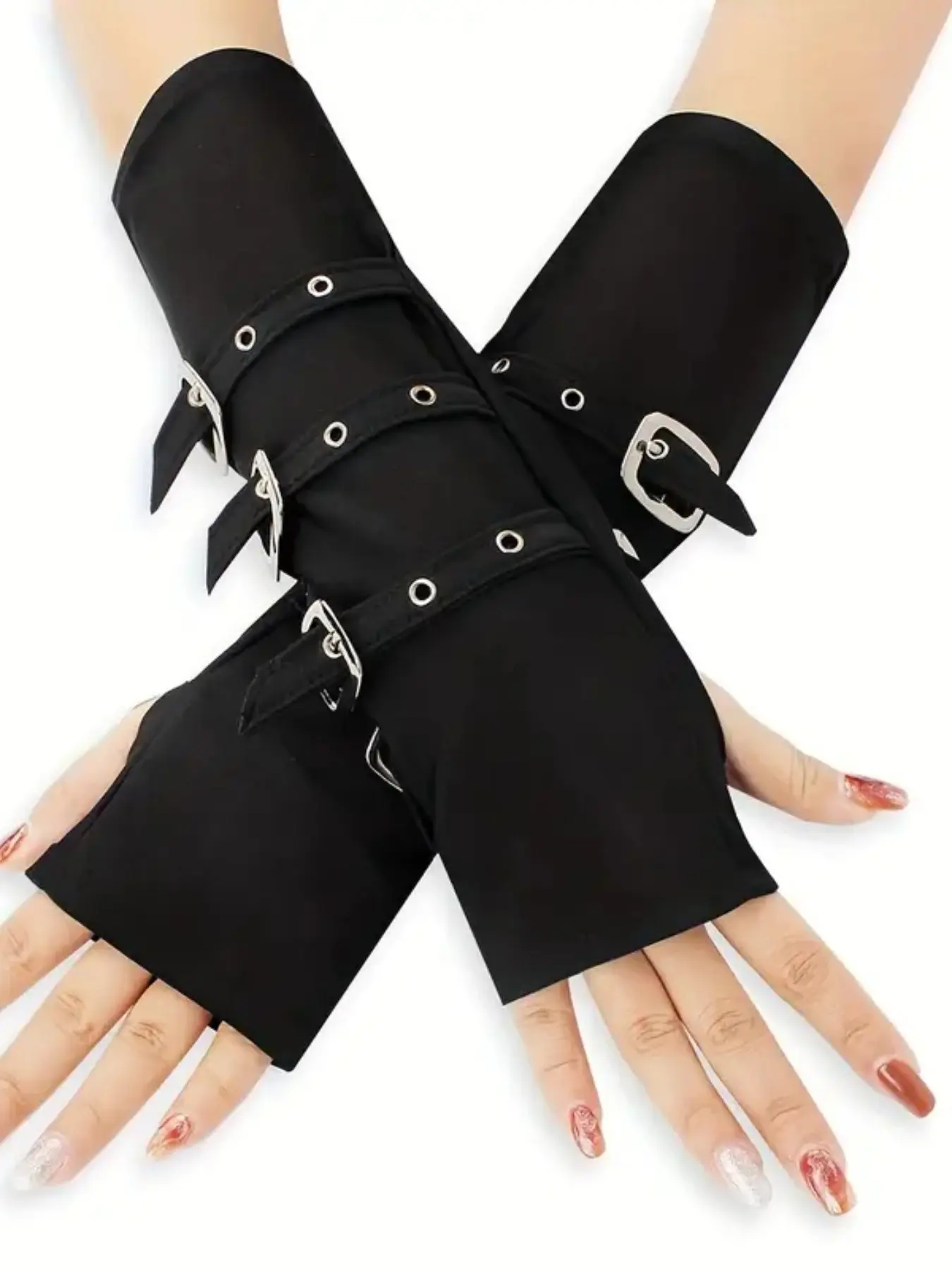 Punk Harajuku Style Dance Motorcycle Sleeve, Post-Apocalyptic Dopamine Street Dance Gloves, Half-Length Fingerless Gloves, Metal Buckle, Dark Punk