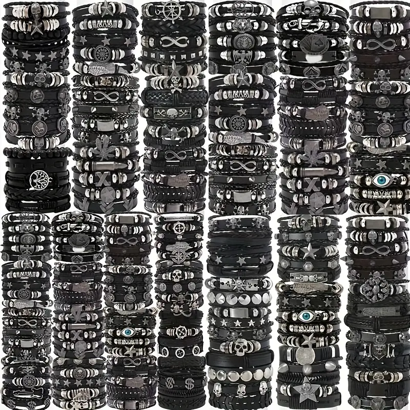 15/25Pcs Multi-Piece Hip Hop Style Faux Leather Bracelet Skull Cross Star with Infinity Symbol Design Vintage Black for Teen and Gifts Thanksgiving Father's Day Graduation Creative Metal Fashion Jewelry,