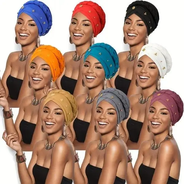 5-Piece Women's Turban Set, Ethnic Style Headwear in a 21%-30% Wool Blend with Twisted, Braided & Beaded Details for All Seasons, 21% (Inclusive) - 30% (Inclusive)