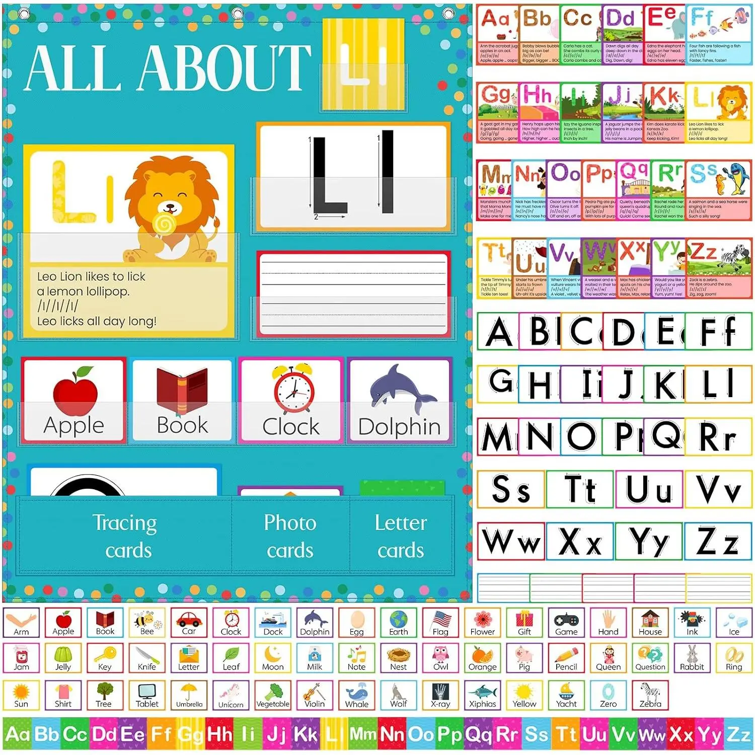 34" x 27"  About Letters Chart Alphabet Learning Pocket Chart Letter of The Day/Week Activity Wall Alphabet Card for Homeschool    (Blue,Oxford Cloth,Delicate)