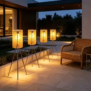 Solar-Powered Outdoor Floor Lamp Wicker Lantern Wrought Iron Tripod Lantern, Solar Lanterns Decoration, Indoor/Outdoor Decorative Lamp Garden Camping Party Atmosphere Light Solar Patio Lights Dimmable Patio Lights Solar Lighting